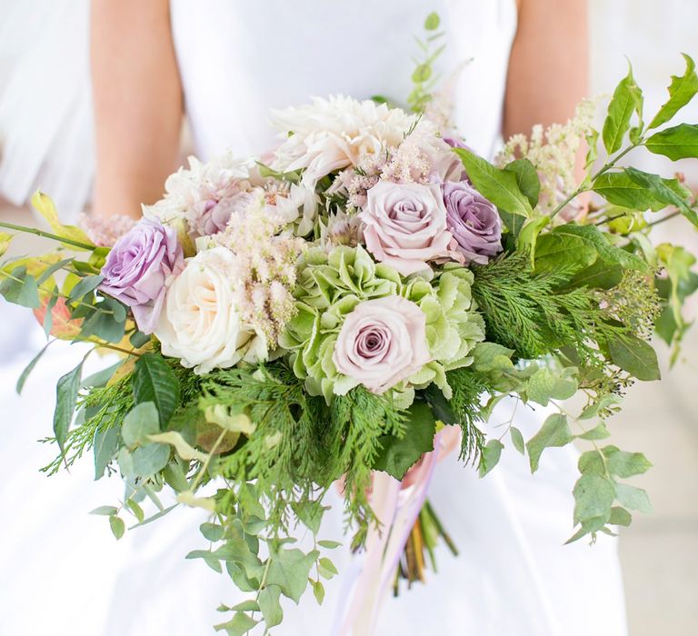 Lilac Rose & Foliage Wedding Bouquet | Bride in Sassie Holdford Bryony Wedding Dress | Pastel Wedding at Gaynes Park | Anneli Marinovich Photography