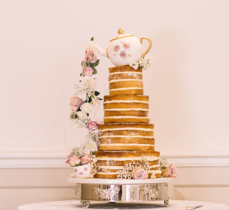 Sponge Naked Wedding Cake with Tea Cup & Flower Decor | The Orangery Maidstone | Lucie Watson Photography | TDH Media Films