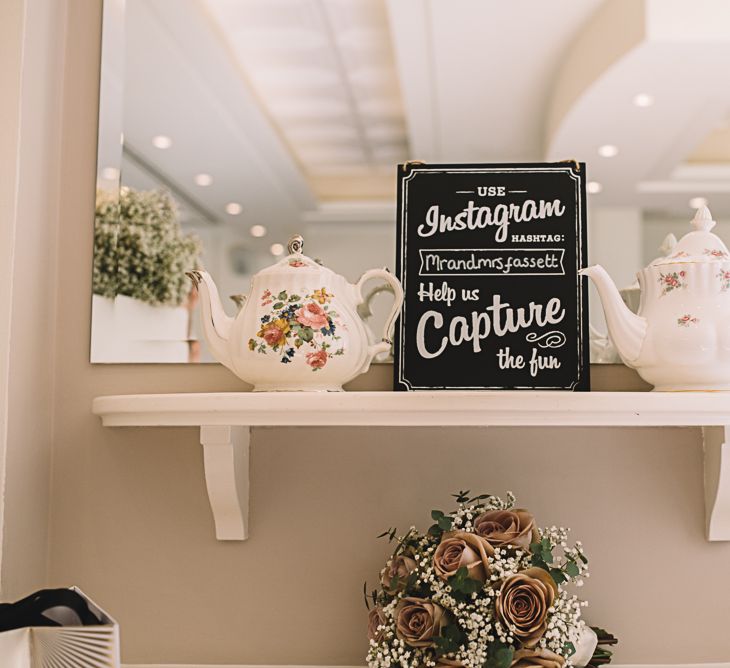 Instagram Chalkboard Wedding Sign | Bride in Ronald Joyce Wedding Dress | Groom in Grey Moss Bros Suit | The Orangery Maidstone | Lucie Watson Photography | TDH Media Films