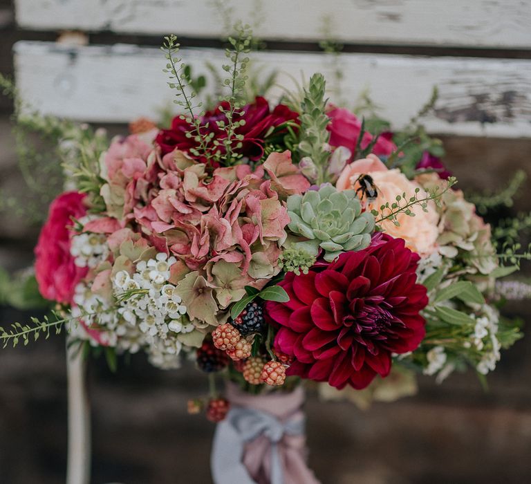 Structured Wedding Bouquet In Deep Reds & Oranges