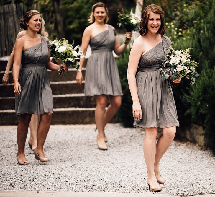 Bridal Party Entrance | Bridesmaids in Grey One Should JCrew Dresses | Rustic Barn Wedding at Nancarrow Farm, Cornwall | Samuel Docker Photography