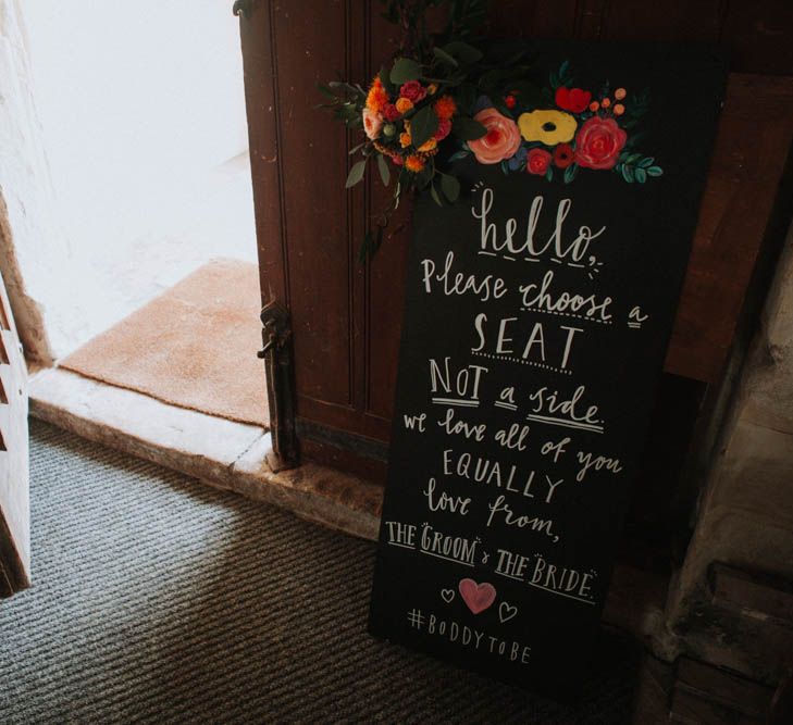 Blackbaord Wedding Sign | Colourful DIY Barn Wedding at The Manor Barn, Cambridge | Meghan Lorna Photography