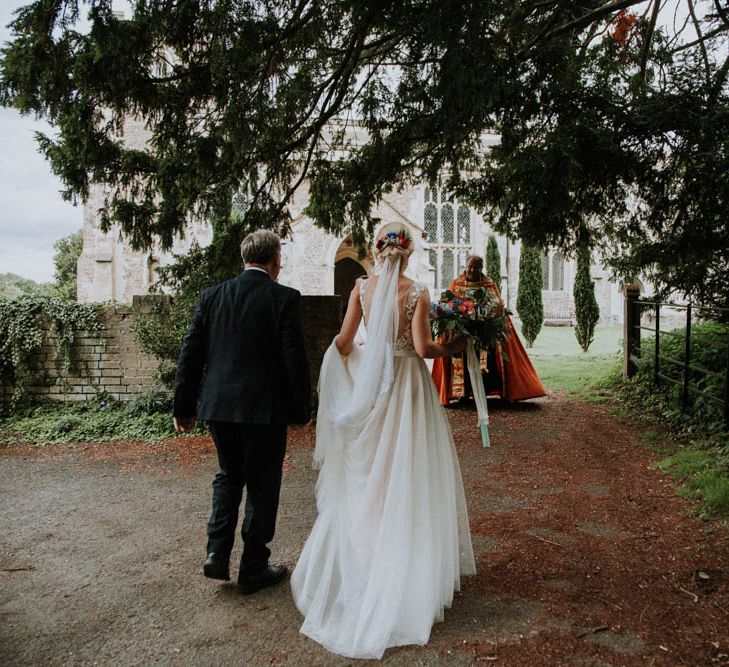 Church Wedding Ceremony | Bridal Entrance in Lace & Tulle Wedding Dress | Colourful DIY Barn Wedding at The Manor Barn, Cambridge | Meghan Lorna Photography