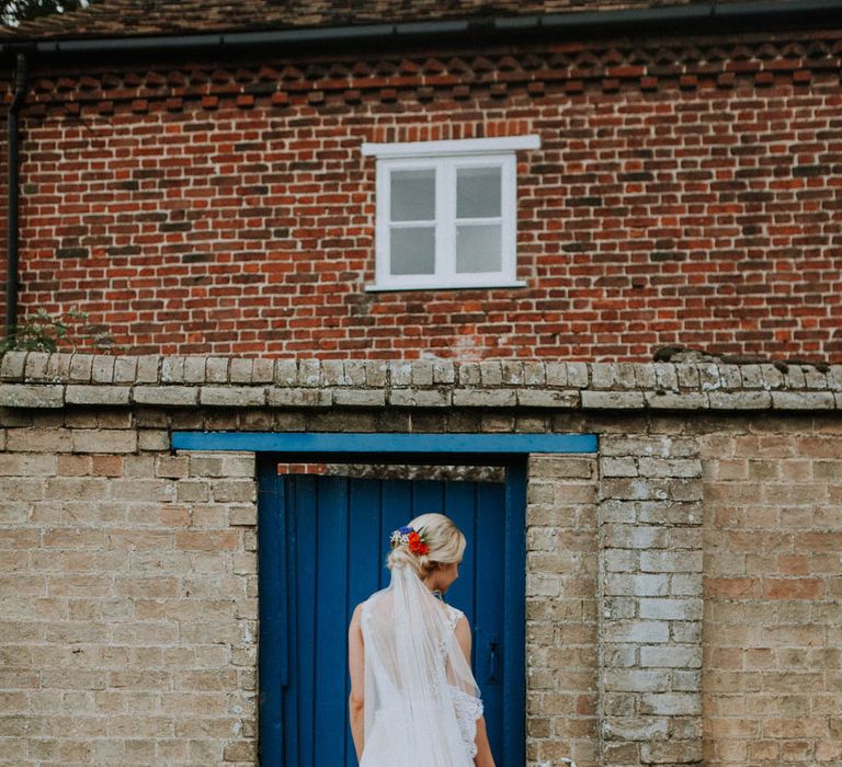 Bride in Lace & Tulle Gown | Colourful DIY Barn Wedding at The Manor Barn, Cambridge | Meghan Lorna Photography