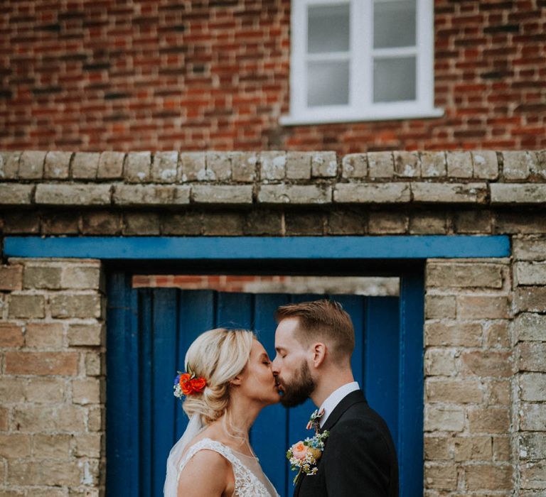 Bride in Lace & Tulle Gown | Groom in Black Suit & Liberty Print Bow Tie | Colourful DIY Barn Wedding at The Manor Barn, Cambridge | Meghan Lorna Photography