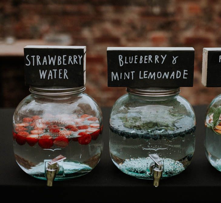 Drinks Dispensers | Wedding Decor | Colourful DIY Barn Wedding at The Manor Barn, Cambridge | Meghan Lorna Photography