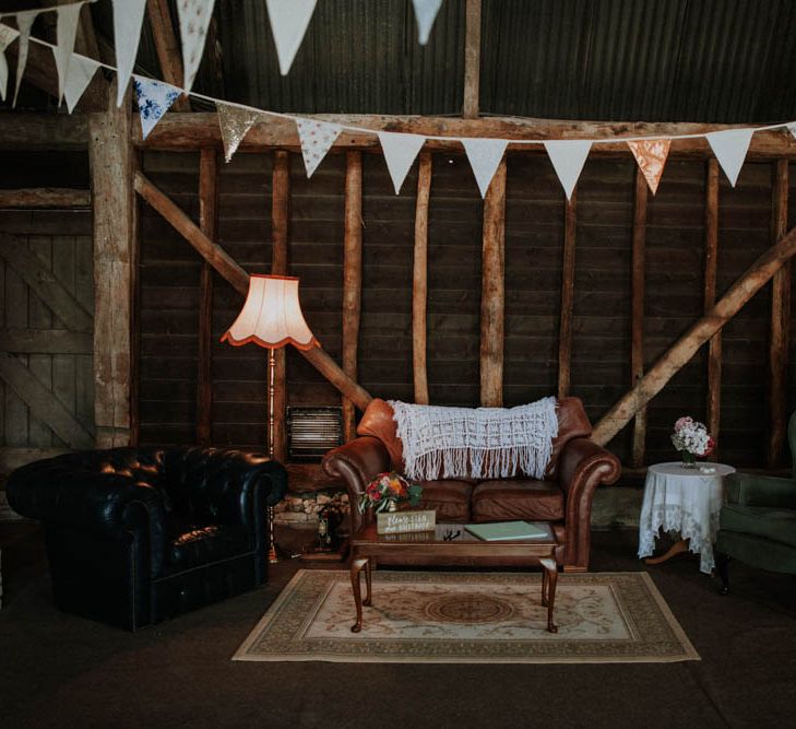 Vintage Sofas & Bunting | Wedding Decor | Colourful DIY Barn Wedding at The Manor Barn, Cambridge | Meghan Lorna Photography