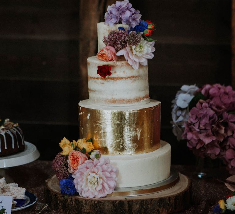 Semi Naked Wedding Cake with Gold Leaf Layer | Colourful DIY Barn Wedding at The Manor Barn, Cambridge | Meghan Lorna Photography