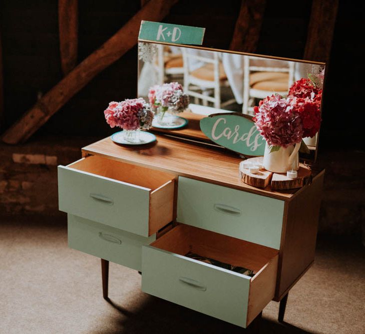 Vintage Dresser Wedding Card Box | Colourful DIY Barn Wedding at The Manor Barn, Cambridge | Meghan Lorna Photography