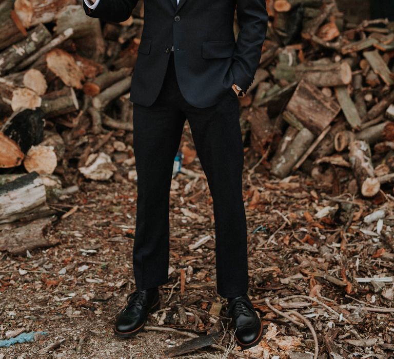 Groom in Black Suit & Liberty Print Bow Tie | Colourful DIY Barn Wedding at The Manor Barn, Cambridge | Meghan Lorna Photography