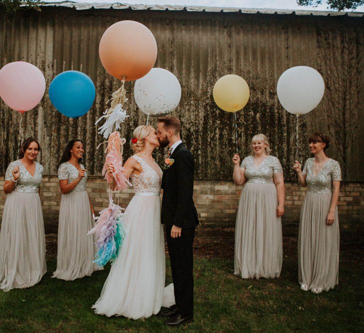 Giant Balloons | Bridesmaids in Sequin Dresses | Colourful DIY Barn Wedding at The Manor Barn, Cambridge | Meghan Lorna Photography