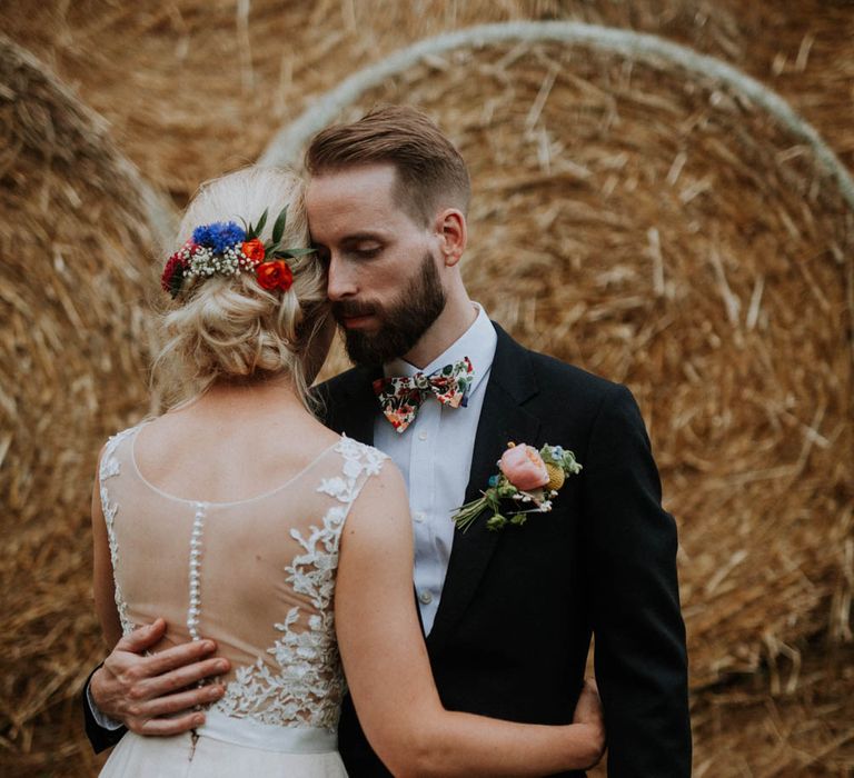 Bride in Backless Lace & Tulle Wedding Dress | Colourful DIY Barn Wedding at The Manor Barn, Cambridge | Meghan Lorna Photography