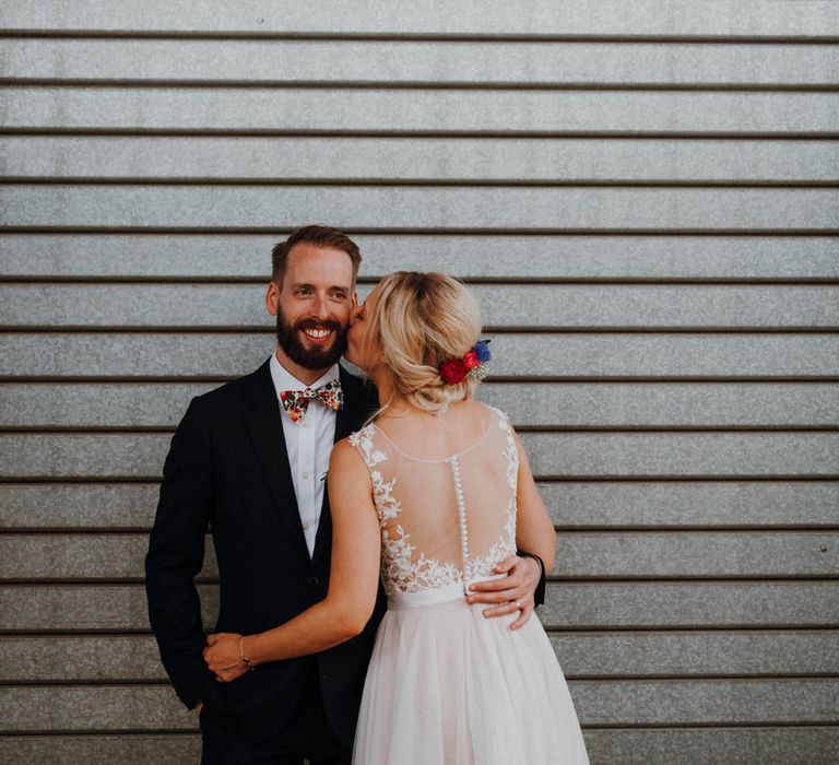 Bride in Backless Lace & Tulle Wedding Dress | Groom in Bow Tie | Colourful DIY Barn Wedding at The Manor Barn, Cambridge | Meghan Lorna Photography