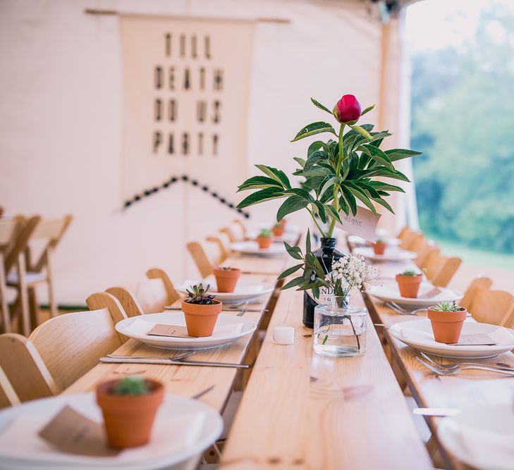 Peony Flower Stem in Hendricks Bottle | Wedding Decor | PapaKåta Sperry Tent at Chafford Park in Kent Countryside | Eve Dunlop Photography | Roost Film Co.