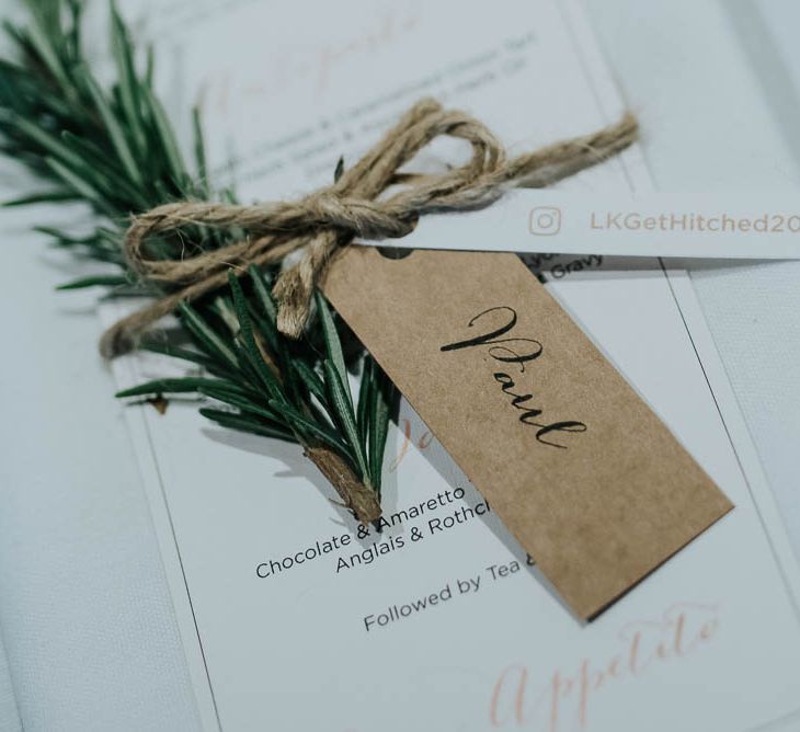 Menu Card with Twine, Kraft Paper Tag & Rosemary Sprig | Cooling Castle Barn Wedding | Michelle Cordner Photography