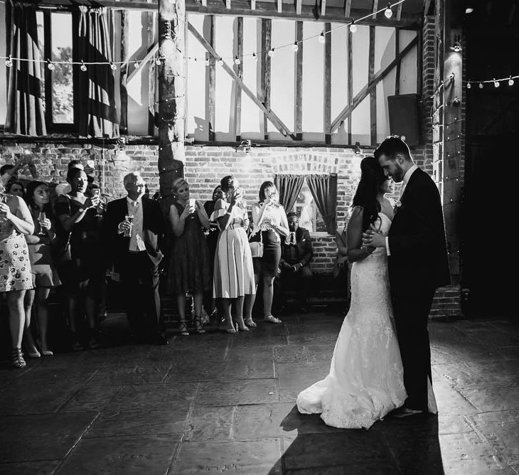 First Dance | Bride in Lace Mori Lee Gown | Groom in Ted Baker Suit | Cooling Castle Barn Wedding | Michelle Cordner Photography