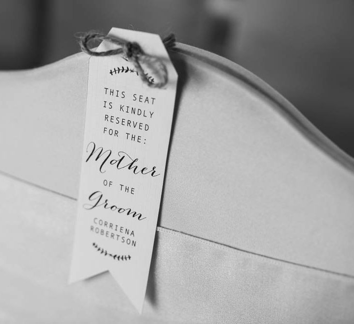 Chair Back Sign | | Cooling Castle Barn Wedding | Michelle Cordner Photography