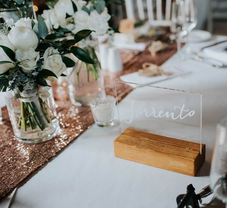 White Perspex Table Name Signs | Cooling Castle Barn Wedding | Michelle Cordner Photography