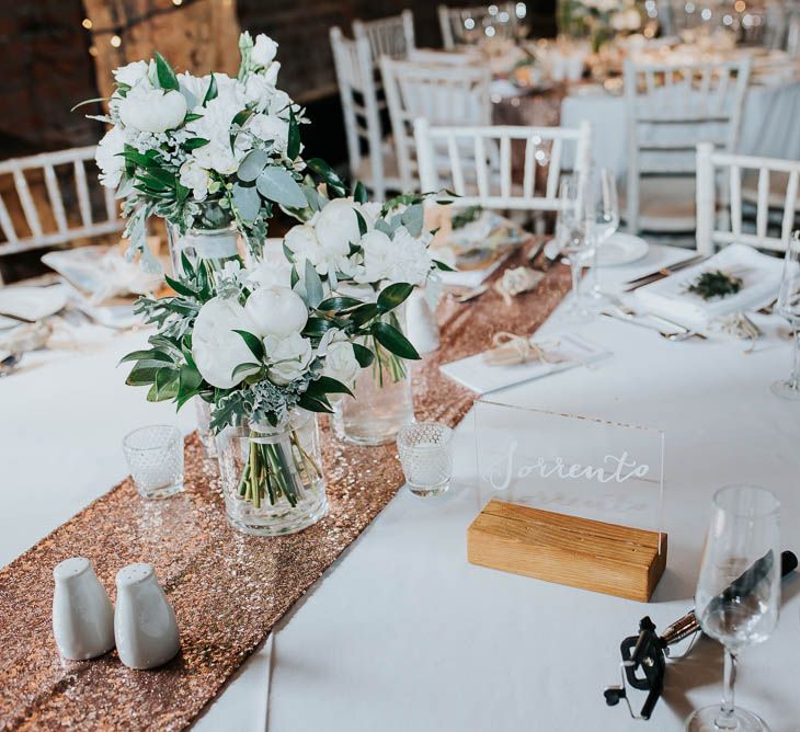 Gold Glitter Table Runner, White & Greenery Flowers Table Decor | Cooling Castle Barn Wedding | Michelle Cordner Photography