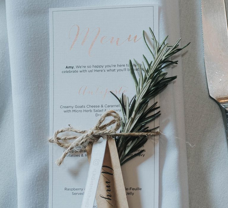 Menu Card with Twine, Kraft Paper Tag & Rosemary Sprig | Cooling Castle Barn Wedding | Michelle Cordner Photography