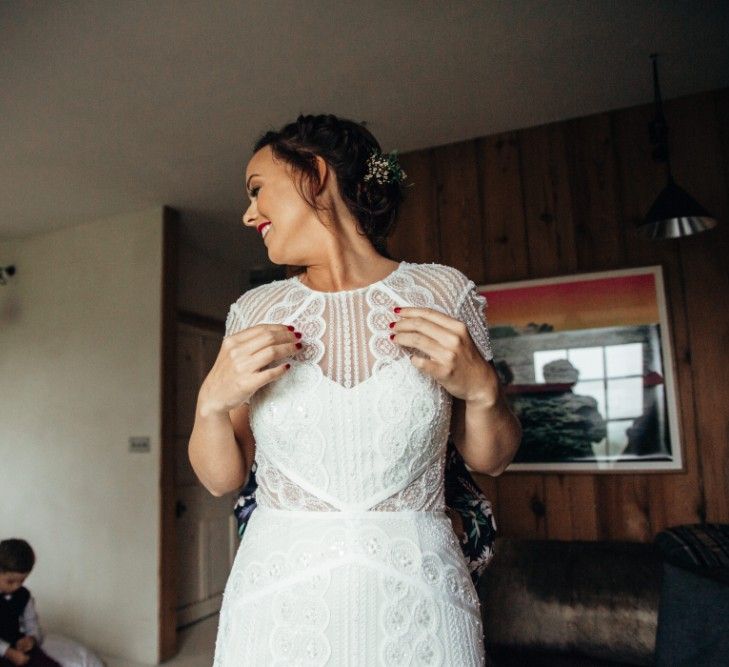 Bride in Lenora Watters Wtoo Lace Gown | Bohemian Tipi Wedding Weekend at Fforest, Wales | Naomi Jane Photography