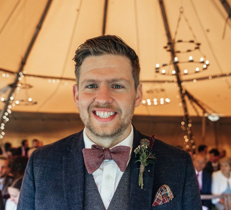 Groom in Reiss Waistcoat & Blazer | Bohemian Tipi Wedding Weekend at Fforest, Wales | Naomi Jane Photography