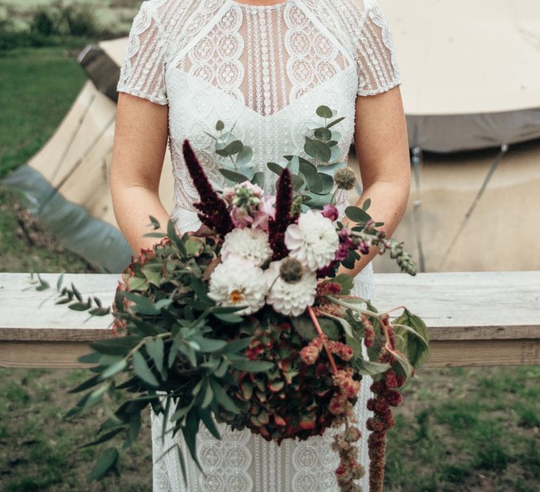 Bride in Lenora Watters Wtoo Lace Gown | Bohemian Tipi Wedding Weekend at Fforest, Wales | Naomi Jane Photography