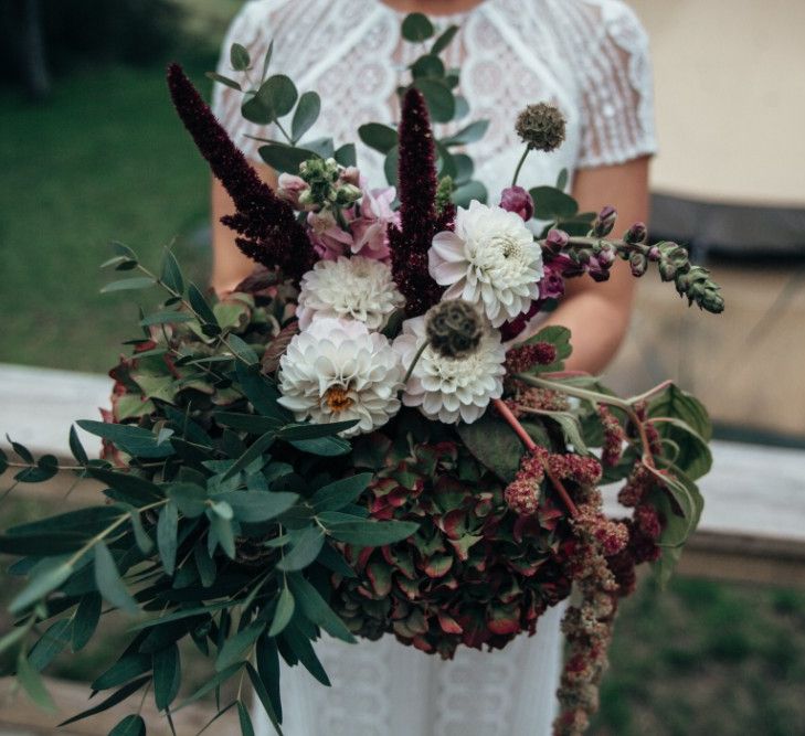 Oversized Dahlia Bouquet | Bride in Lenora Watters Wtoo Lace Gown | Bohemian Tipi Wedding Weekend at Fforest, Wales | Naomi Jane Photography