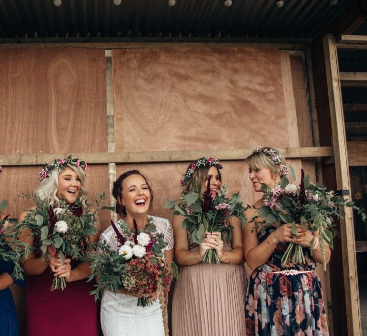 Bridesmaids in Different Dresses | Bride in Lenora Watters Wtoo Gown | Bohemian Tipi Wedding Weekend at Fforest, Wales | Naomi Jane Photography