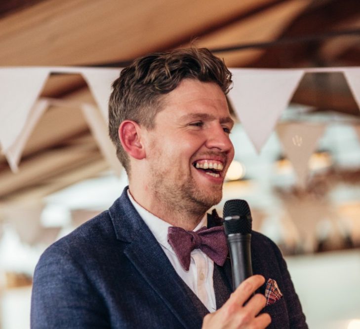 Groom in Reiss Blazer & Bow Tie | Bride in Lenora Watters Wtoo Gown | Bohemian Tipi Wedding Weekend at Fforest, Wales | Naomi Jane Photography