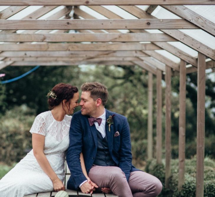 Bride in Lenora Watters Wtoo Lace Bridal Gown | Groom in Ted Baker Chinos & Reiss Waistcoat & Blazer | Bohemian Tipi Wedding Weekend at Fforest, Wales | Naomi Jane Photography