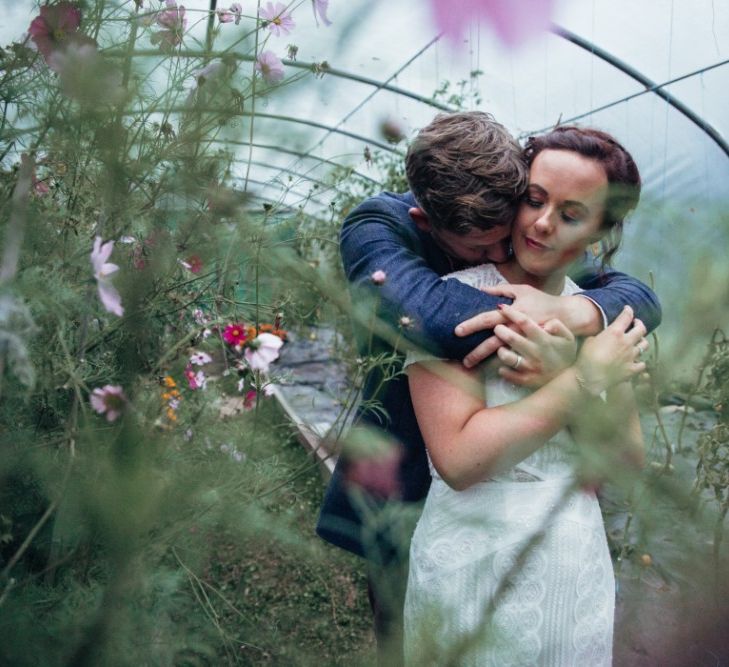 Bride in Lenora Watters Wtoo Lace Bridal Gown | Groom in Ted Baker Chinos & Reiss Waistcoat & Blazer | Bohemian Tipi Wedding Weekend at Fforest, Wales | Naomi Jane Photography