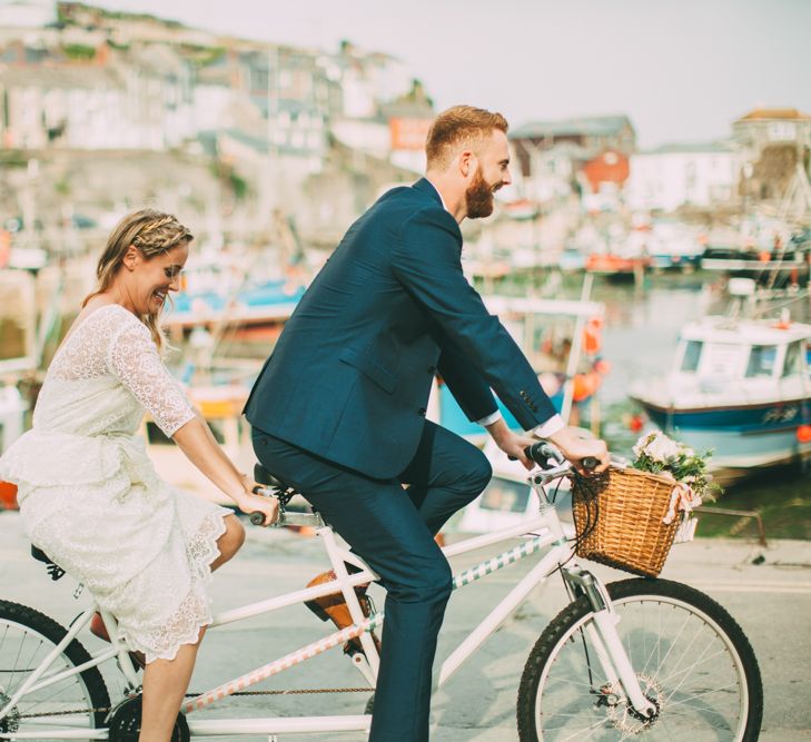 Bride & Groom on Tandem Bicycle