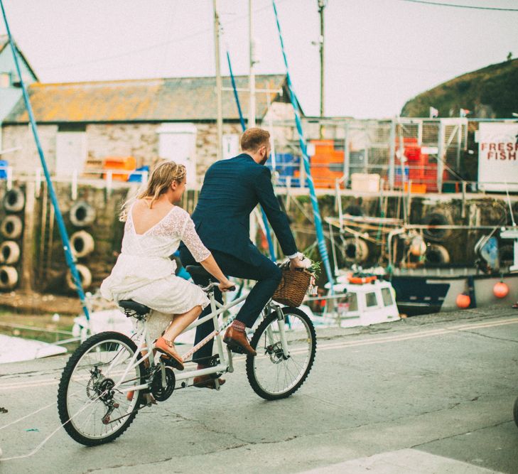 Bride & Groom on Tandem Bicycle