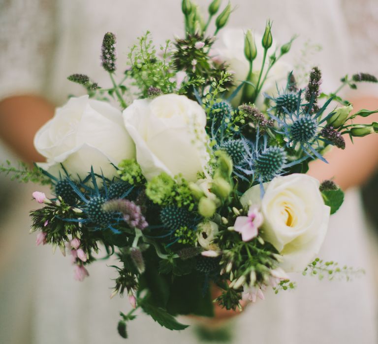 Wedding Bouquet With Blue Thistles And White Blooms