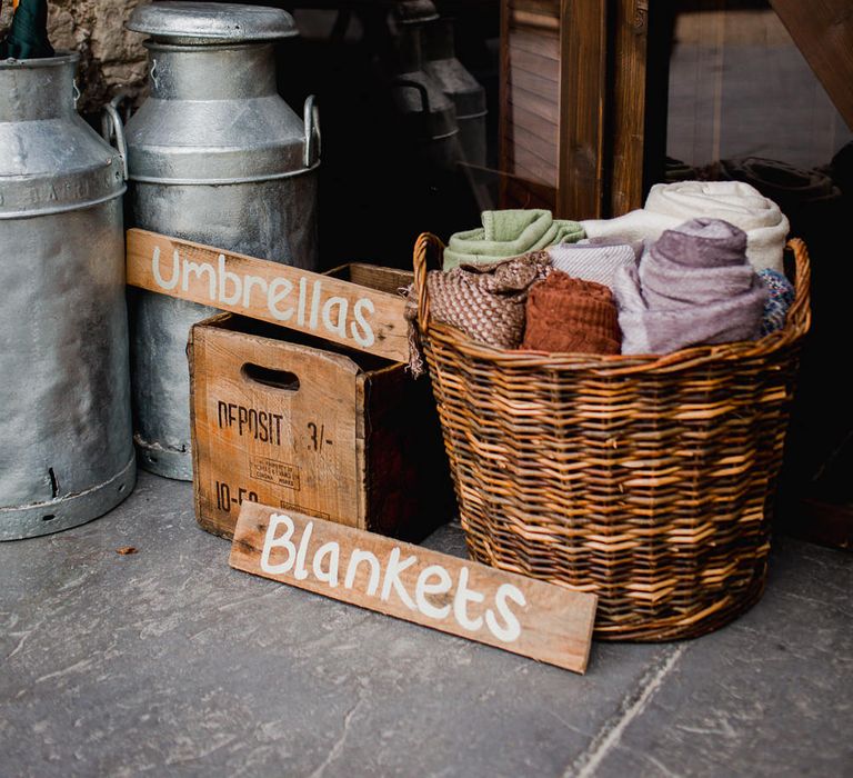 Umbrellas & Blankets Wedding Decor | Country Wedding at Gorwell Farm, Dorset | Steph Newton Photography