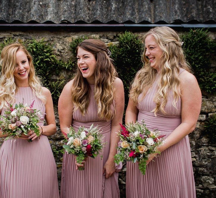 Bridesmaids in Pink Pleated ASOS Dresses | Country Wedding at Gorwell Farm, Dorset | Steph Newton Photography