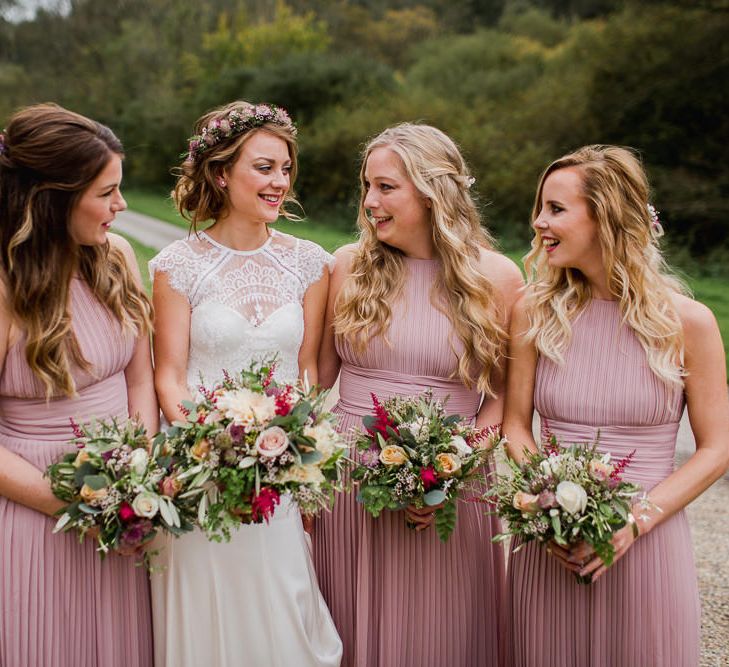 Bridesmaids in Pink Pleated ASOS Dresses | Bride in Catherine Deane Separates | Country Wedding at Gorwell Farm, Dorset | Steph Newton Photography