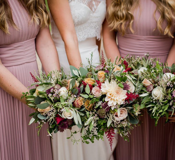 Blush Pink & Peach Rose & Dahlia Bouquets | Bridesmaids in Pink Pleated ASOS Dresses | Bride in Catherine Deane Separates | Country Wedding at Gorwell Farm, Dorset | Steph Newton Photography