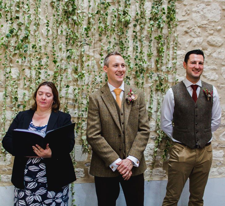 Wedding Ceremony | Groomsmen at the Altar in Harris Tweed | Country Wedding at Gorwell Farm, Dorset | Steph Newton Photography