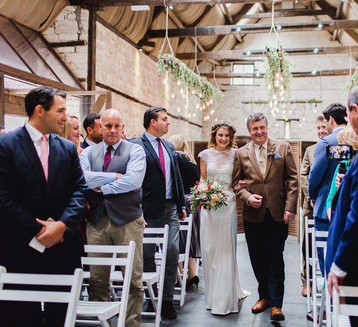 Wedding Ceremony | Bridal Entrance in Flower Crown & Catherine Deane Separates | Father of the Bride in Harris Tweed | Country Wedding at Gorwell Farm, Dorset | Steph Newton Photography