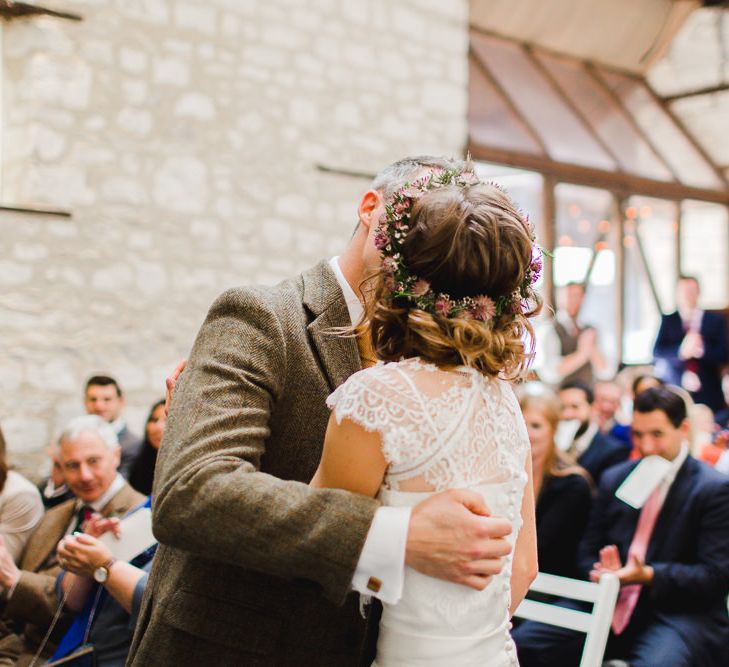 Wedding Ceremony | Bride in Flower Crown & Catherine Deane Separates | Groom in Harris Tweed | Country Wedding at Gorwell Farm, Dorset | Steph Newton Photography