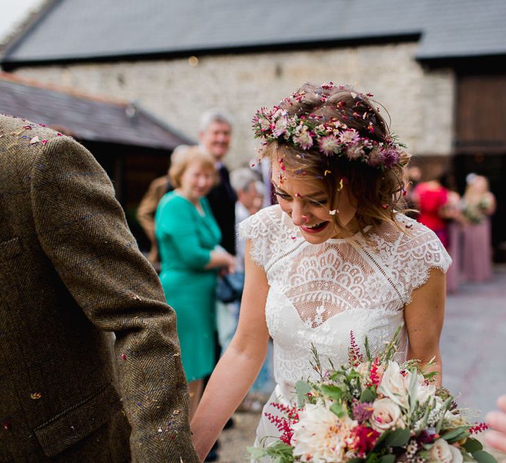 Bride in Flower Crown & Catherine Deane Separates | Country Wedding at Gorwell Farm, Dorset | Steph Newton Photography