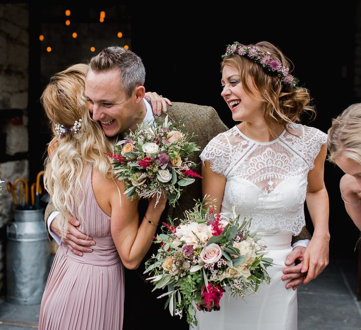 Bride in Flower Crown & Catherine Deane Separates | Groom in Harris Tweed | Bridesmaid in Pink Pleated ASOS Dress | Country Wedding at Gorwell Farm, Dorset | Steph Newton Photography