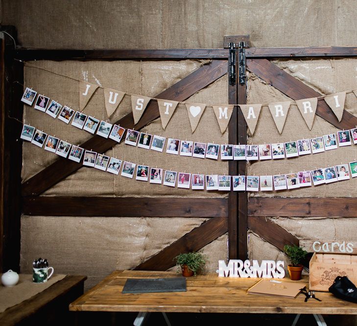 Just Married burlap Bunting & Polaroid Pictures | Country Wedding at Gorwell Farm, Dorset | Steph Newton Photography