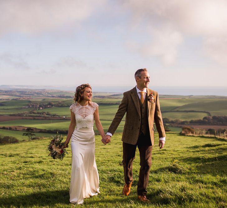 Bride in Catherine Deane Separates | Groom in Harris Tweed | Country Wedding at Gorwell Farm, Dorset | Steph Newton Photography