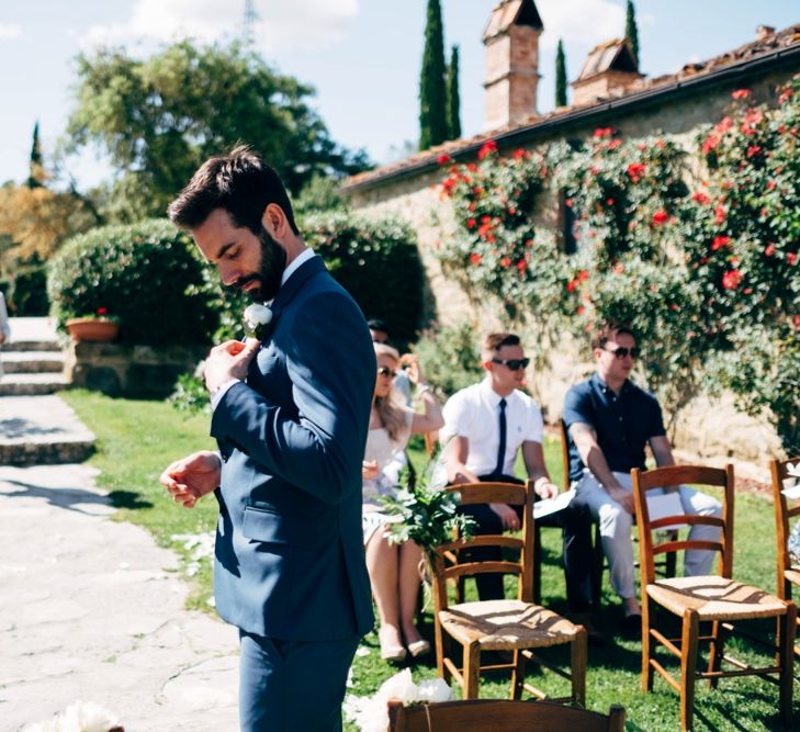 Groom in Navy Paul Smith Suit | Outdoor Intimate Wedding at Casa Cornacchi in Tuscany, Italy | Dale Weeks Photography