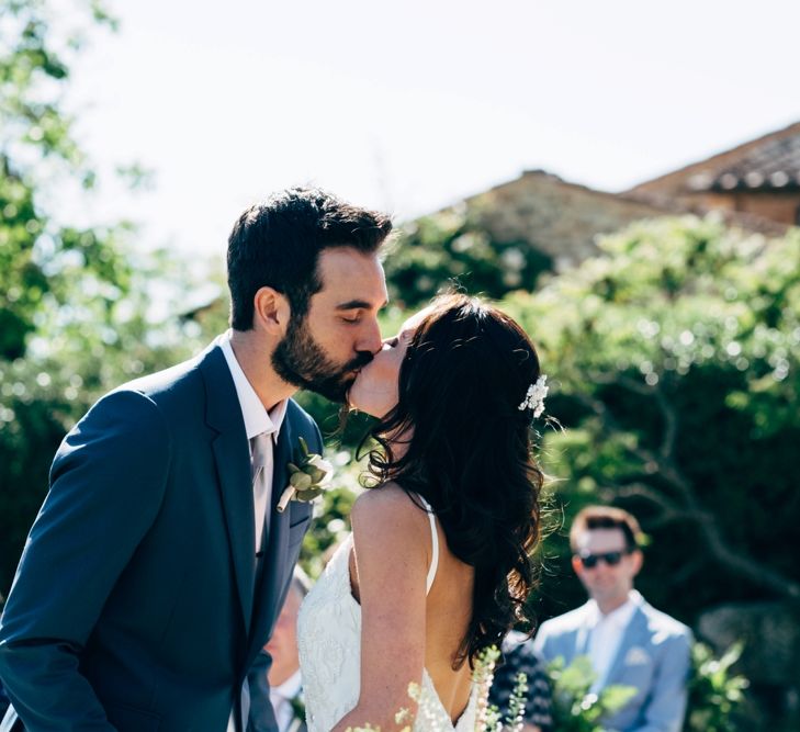 Wedding Ceremony | Sarah Seven Wedding Dress | Navy Paul Smith Suit | Outdoor Intimate Wedding at Casa Cornacchi in Tuscany, Italy | Dale Weeks Photography