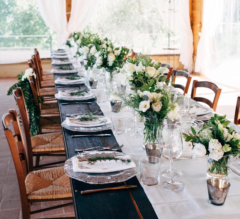 Table Scape | White Floral Centrepieces | Outdoor Intimate Wedding at Casa Cornacchi in Tuscany, Italy | Dale Weeks Photography