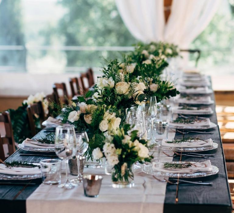 Table Scape | White Floral Centrepieces | Outdoor Intimate Wedding at Casa Cornacchi in Tuscany, Italy | Dale Weeks Photography